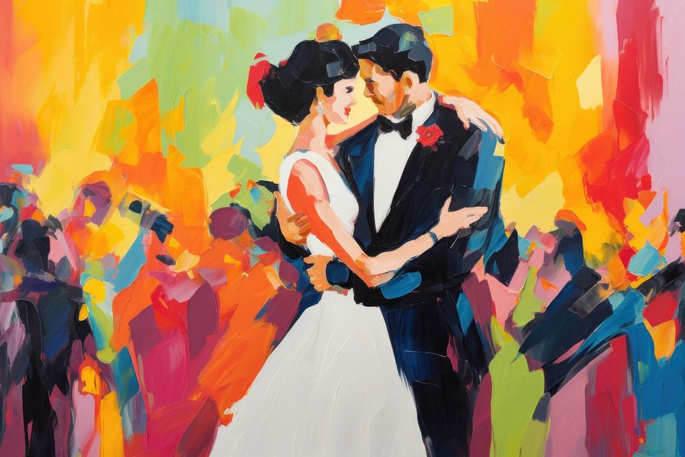 Wedding event painting kissing dancing.