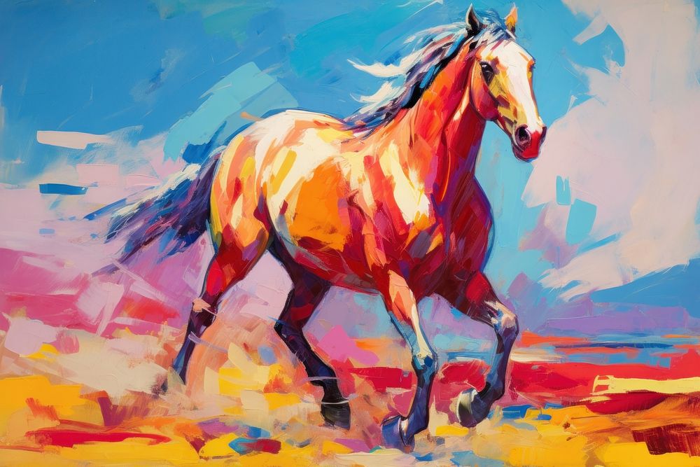 Horse in the field painting stallion animal.