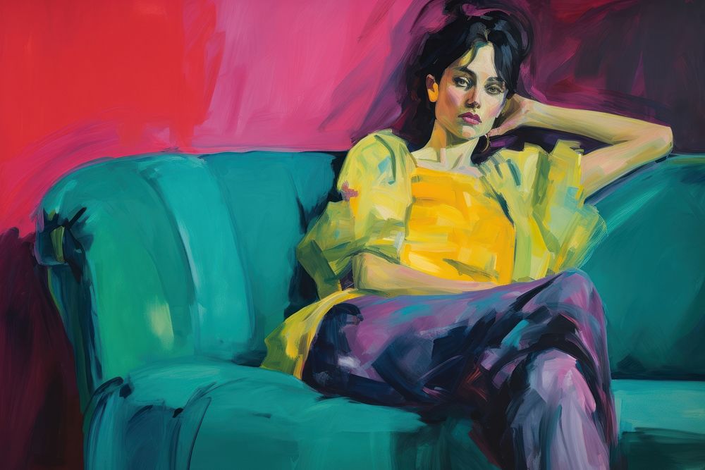 A woman sitting on sofa painting furniture adult.
