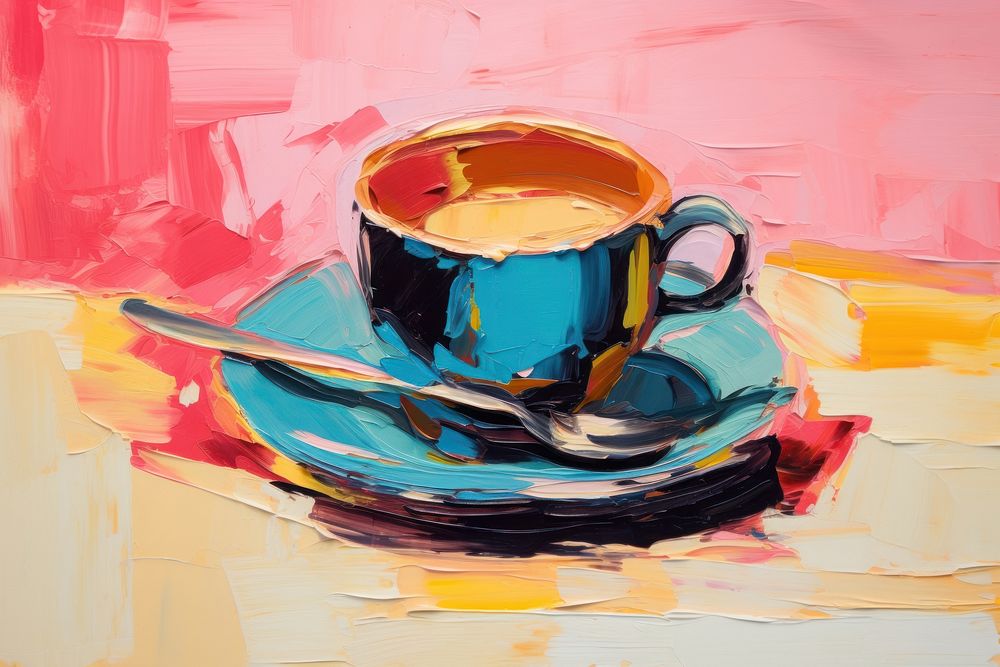 A cup of coffee painting saucer spoon.