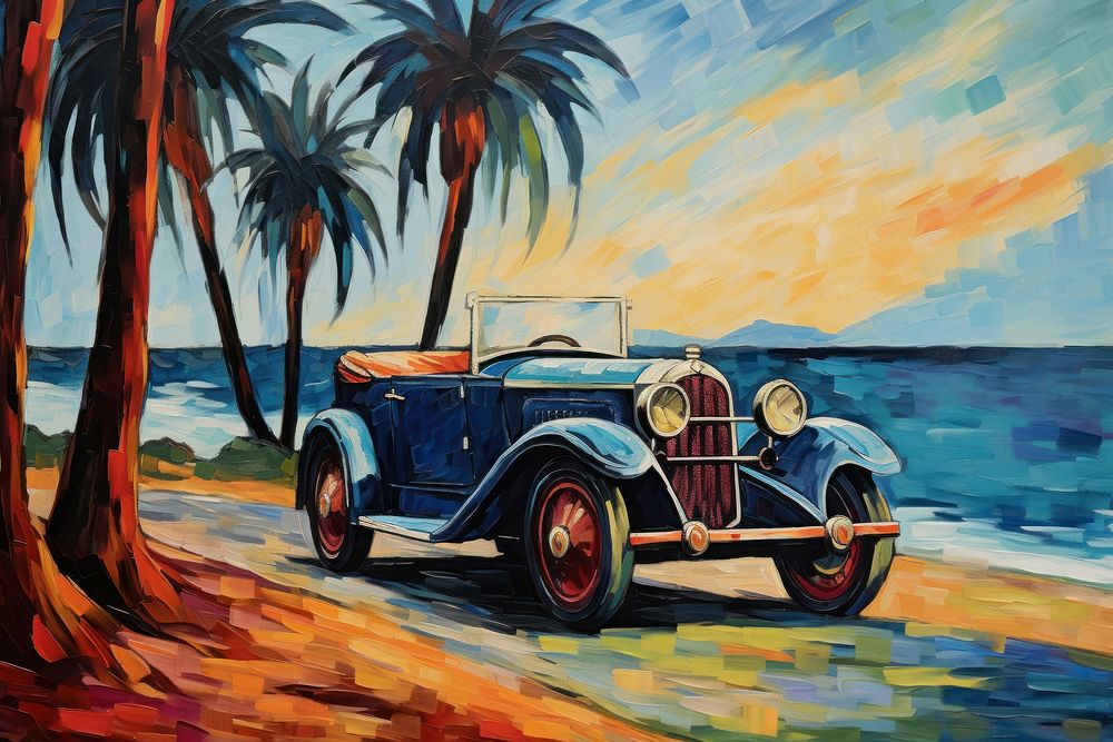 Vintage car in the road near the beach painting outdoors vehicle.