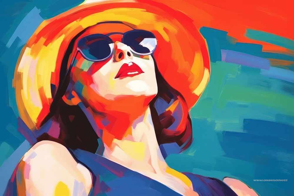 Woman sunbathin painting art sunglasses.