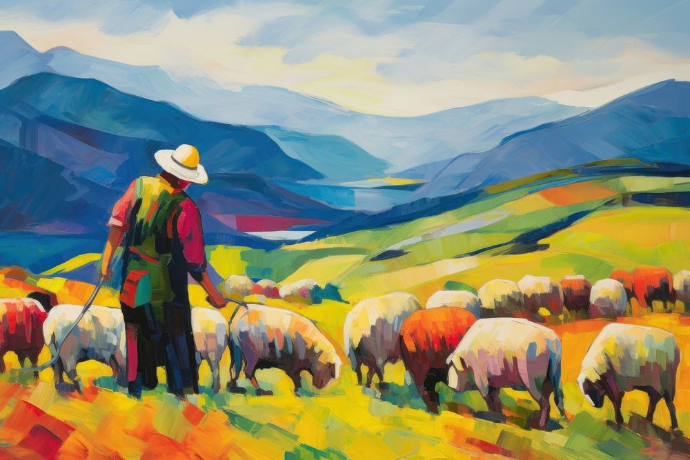 Farmers working his job with a sheeps in Newzealand painting livestock outdoors.