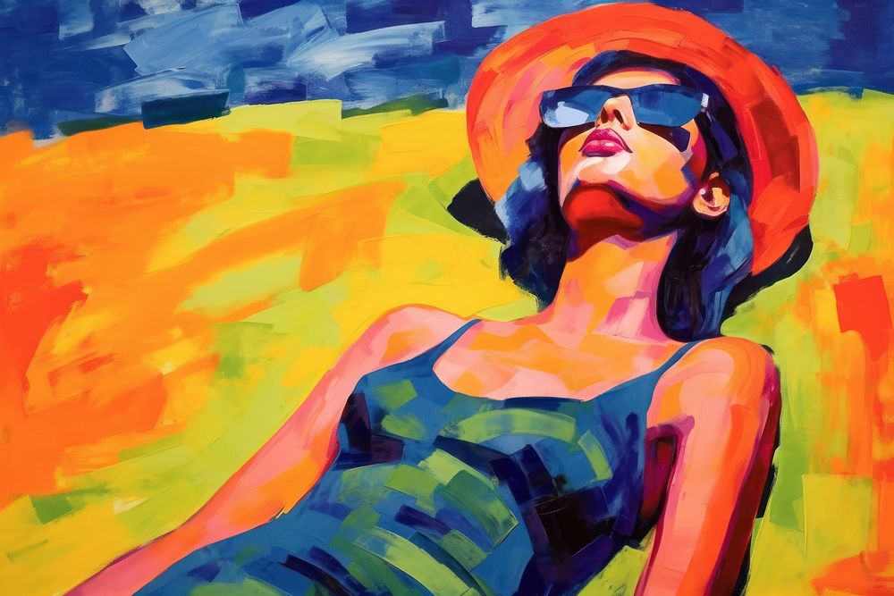 Woman sunbathin painting portrait glasses.