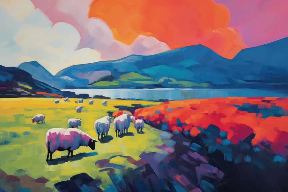 Herding sheeps on the lsle of New Zealand painting grassland livestock.