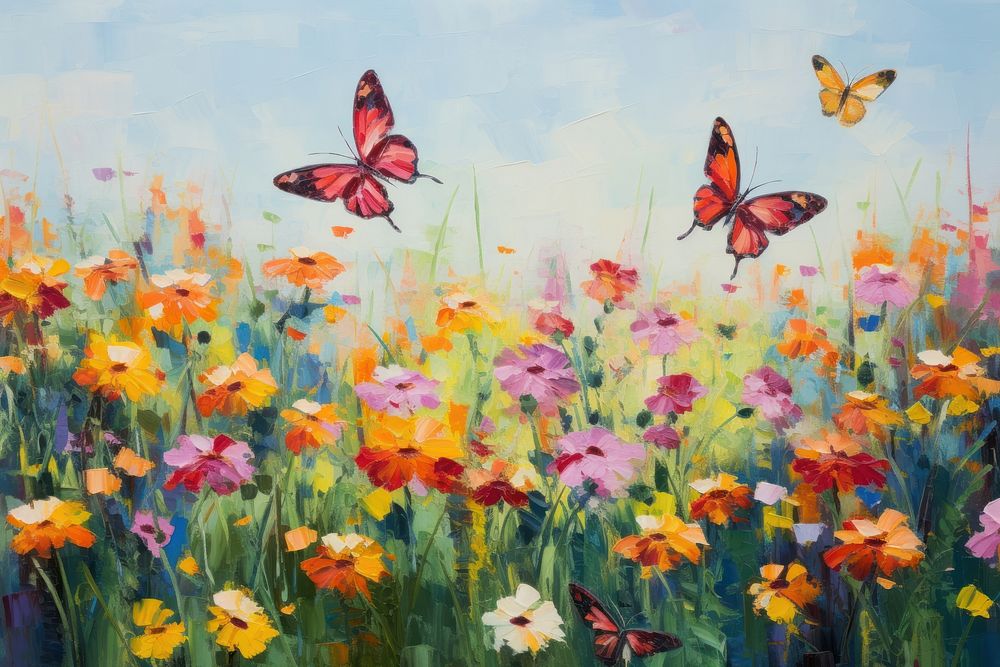 Field of flowers with butterflys flying painting outdoors nature.