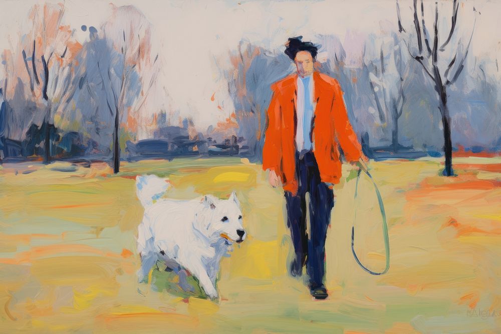 A men walking with his dog Samoyed in the park in London painting mammal animal.