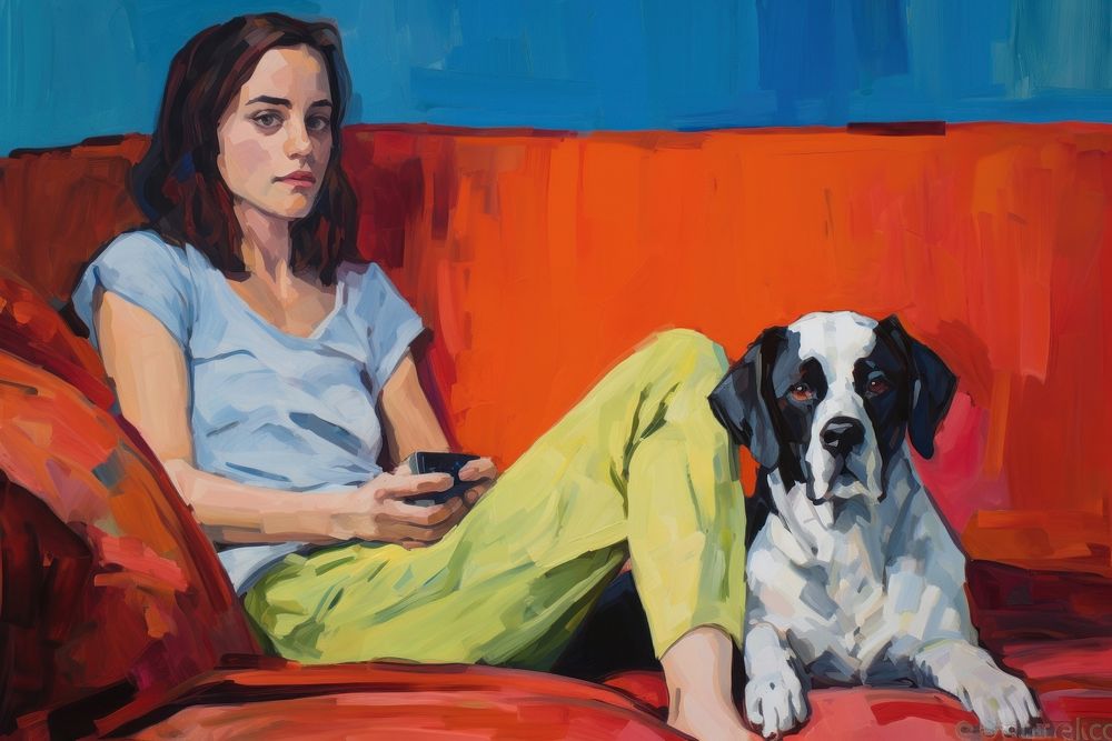 A teenager girl watching TV with her Saint Bernard dog painting furniture mammal.