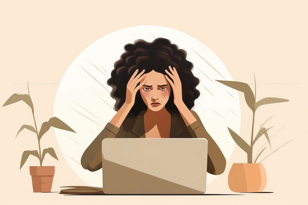 A woman stressed and headache with laptop cartoon adult disappointment.