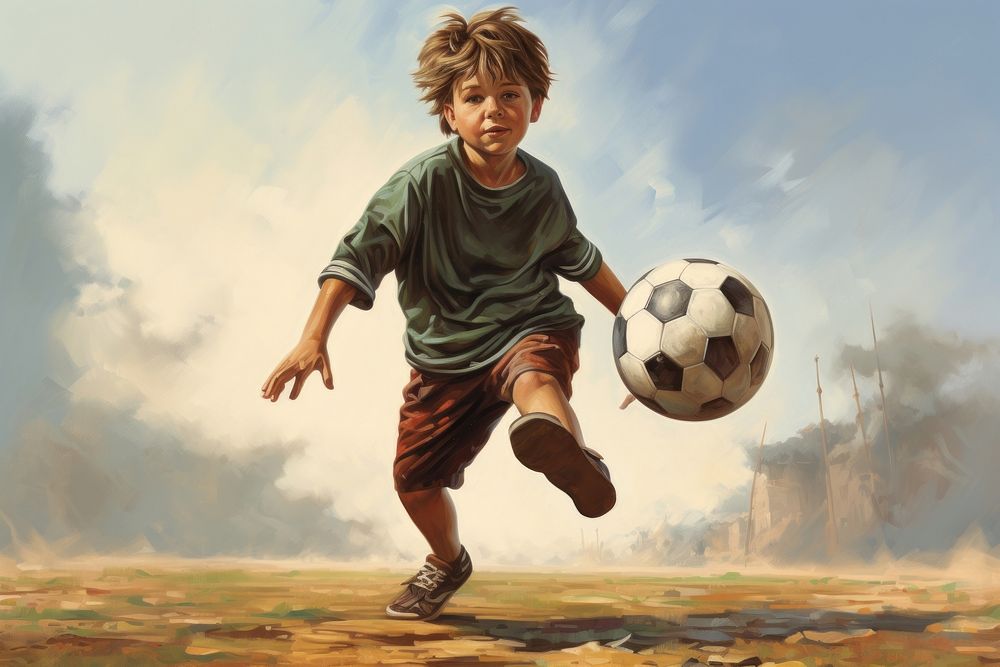 Boy playing foot ball football kicking sports.