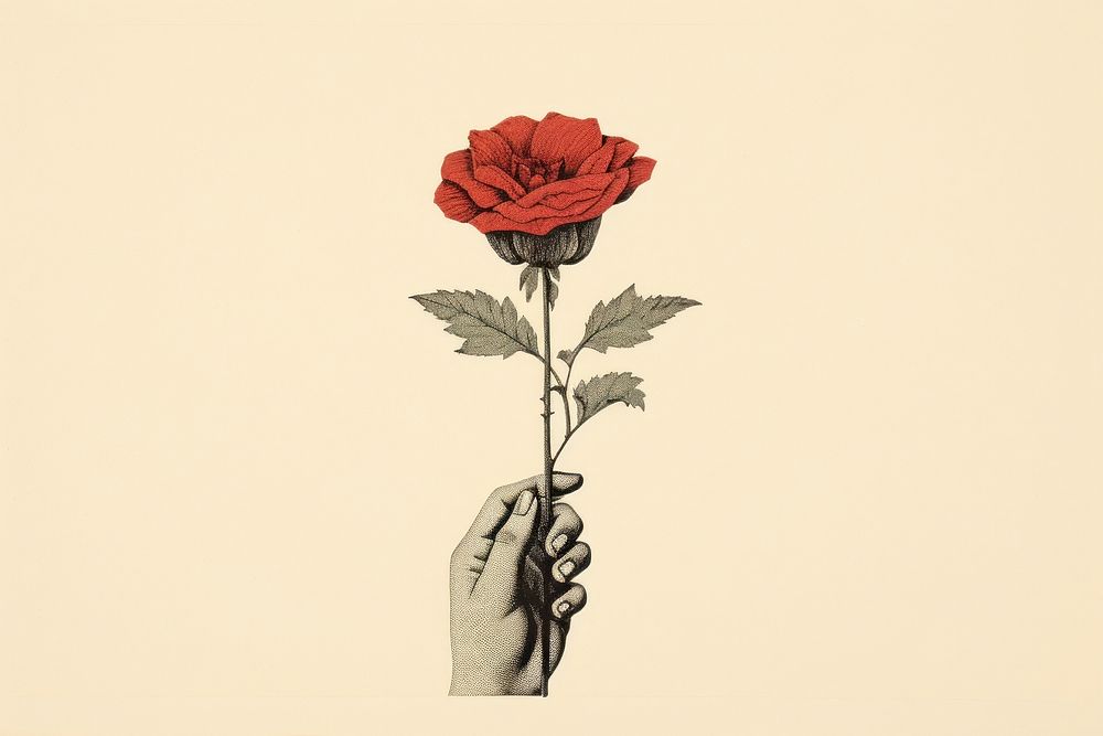 Litograph minimal hands holding flower plant rose art.