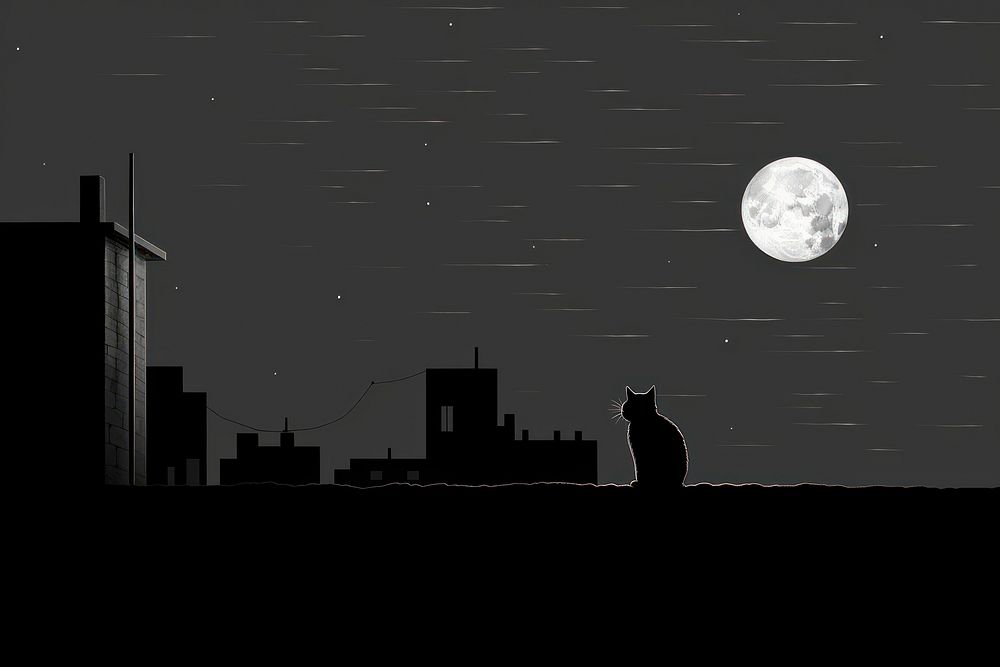 Litograph minimal sleepy cat night silhouette astronomy.