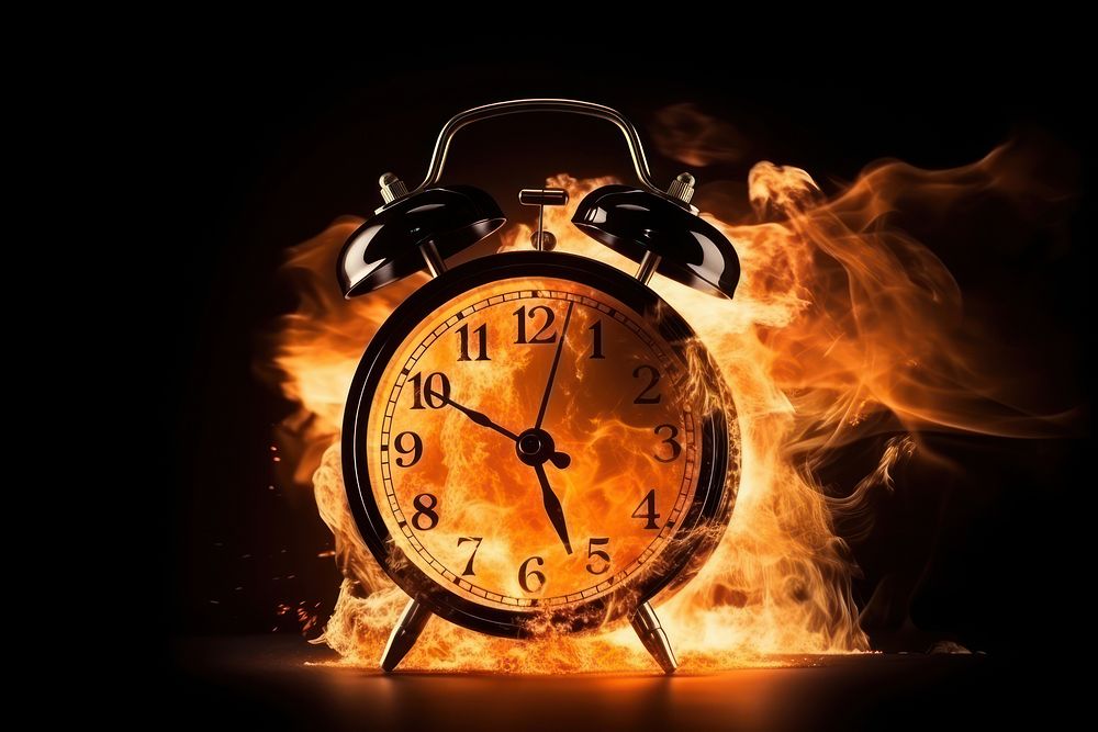 Photo fire in alarm clock icon burning illuminated deadline.