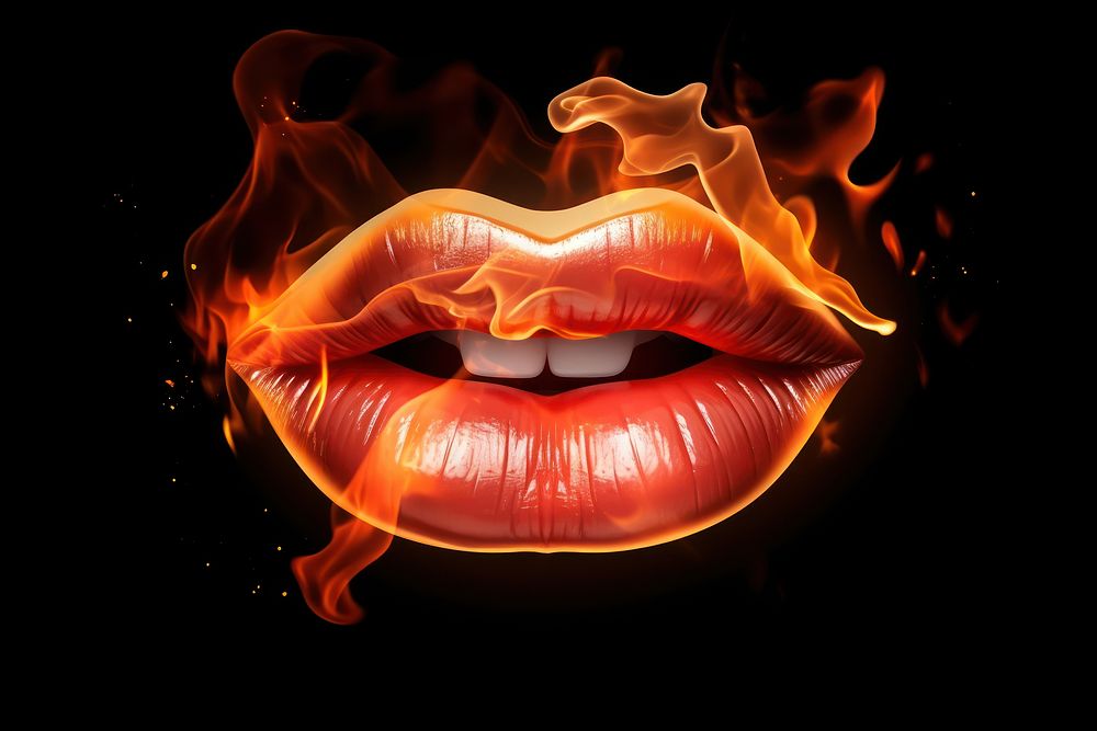 Photo fire in lips icon graphic burning flame fireplace.