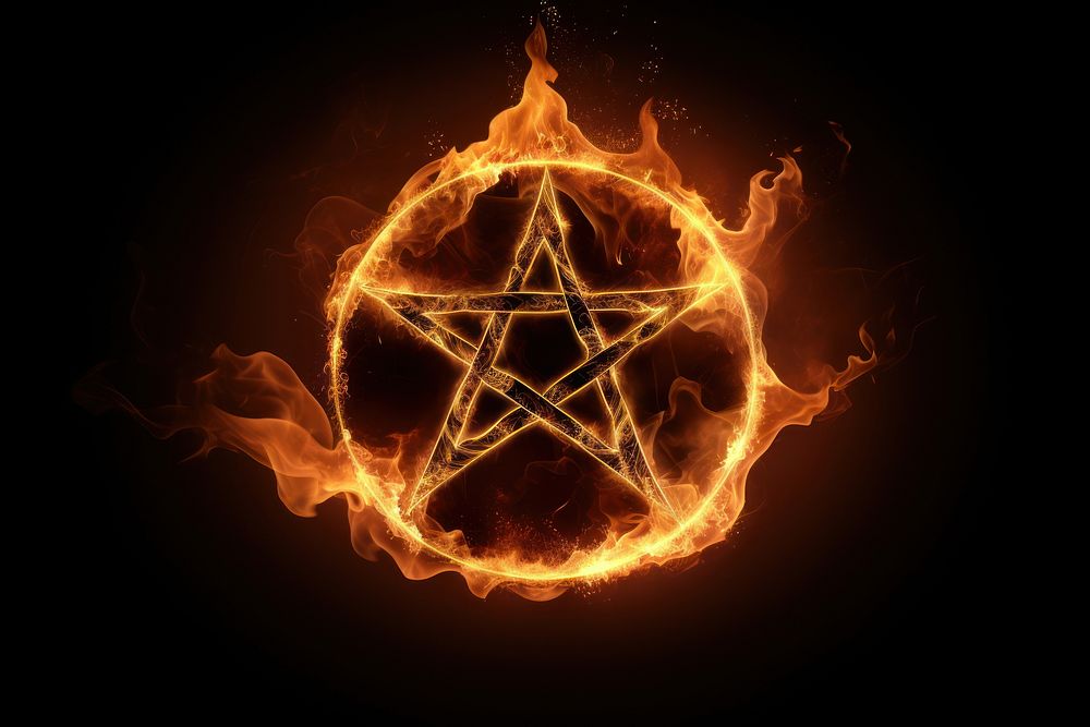 Photo fire in pentagram symbol burning night flame.