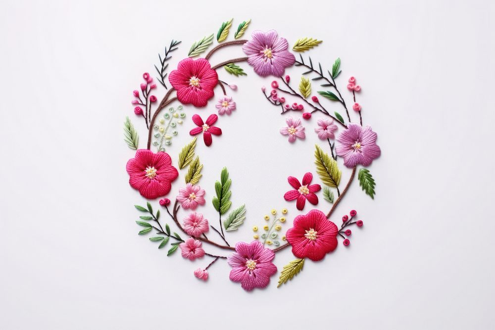 Floral wreath in embroidery needlework textile pattern.