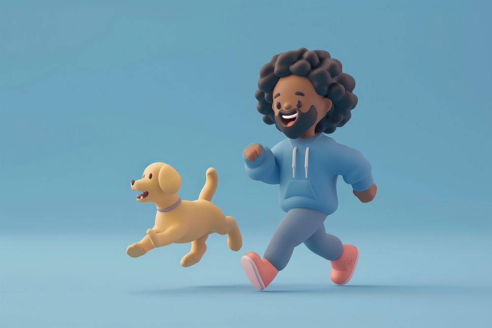 Black man running with dog cartoon animal human.