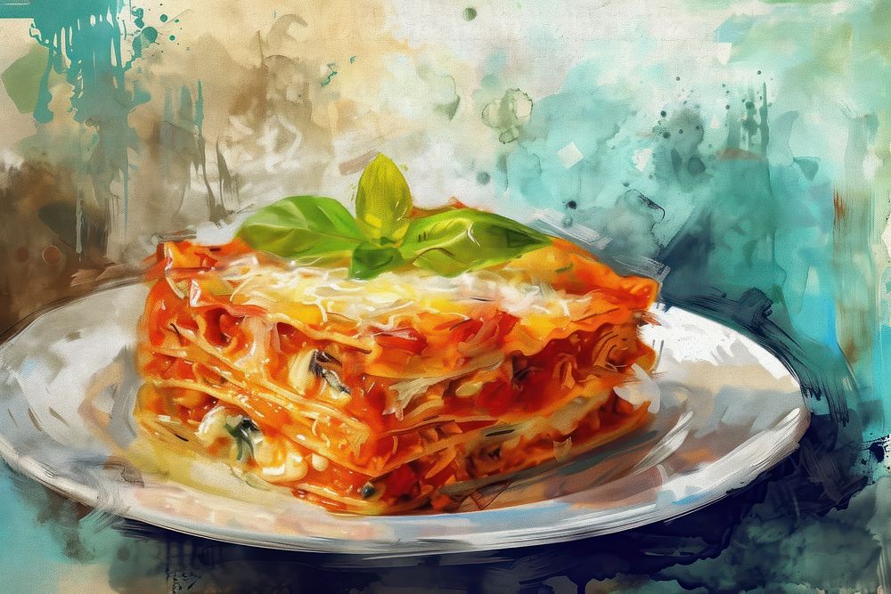 Lasagna painting plate food.