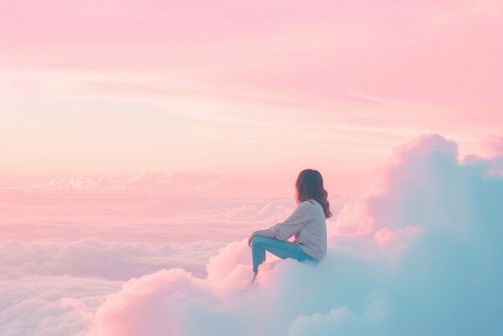 Photo of a girl sitting sky outdoors horizon.