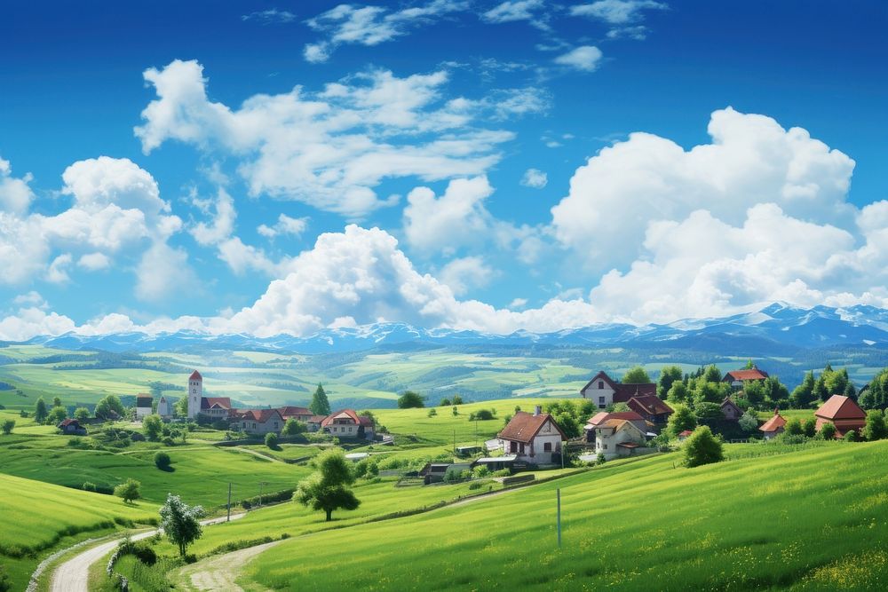 Photo of beautiful blue sky village architecture countryside.