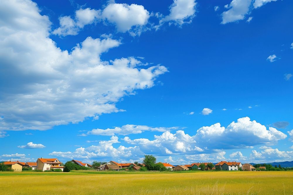 Photo of beautiful blue sky village countryside landscape.
