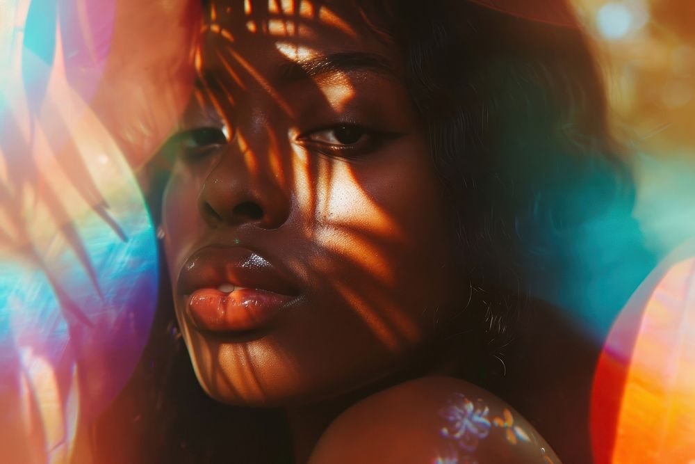 Black woman light leaks photography portrait adult.