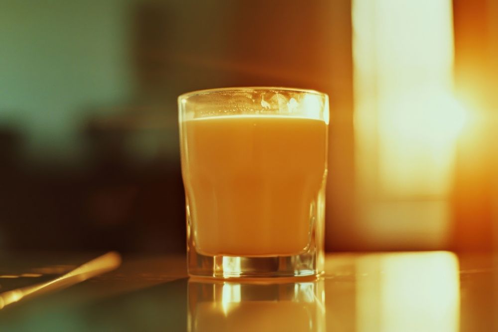 Milk light leaks drink juice glass.