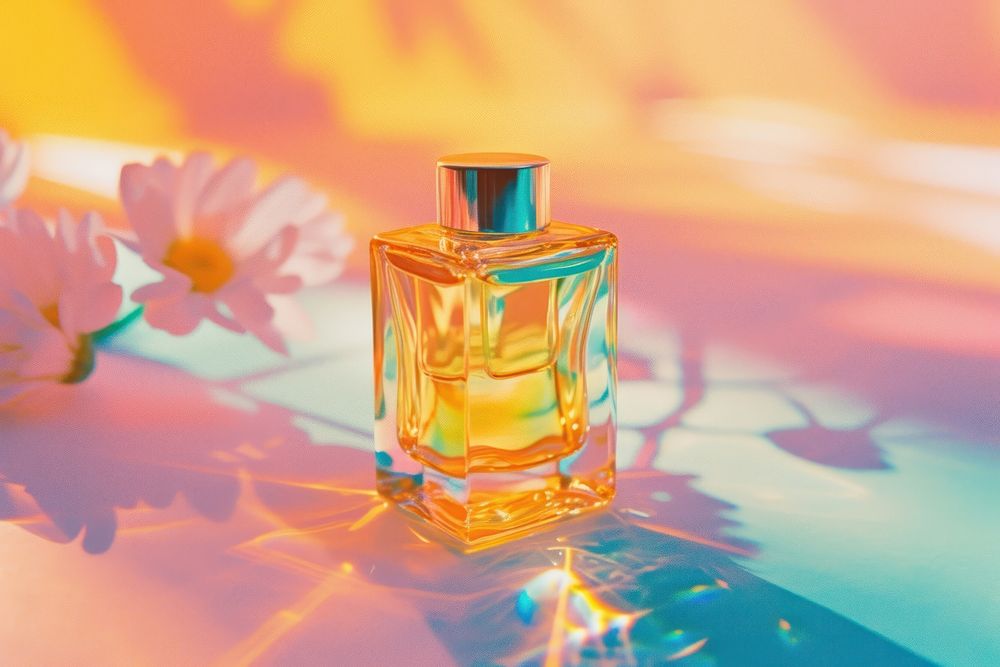 Perfume light leaks cosmetics bottle vibrant color.