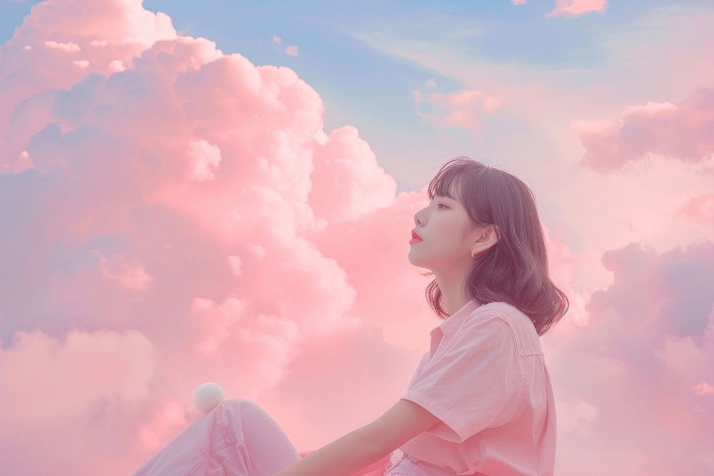 Photo of a girl sitting cloud sky portrait.