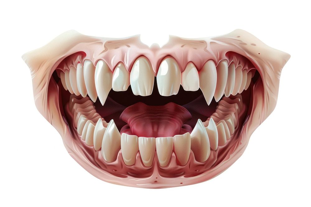 Vampire teeth with fangs white background dentistry shouting.