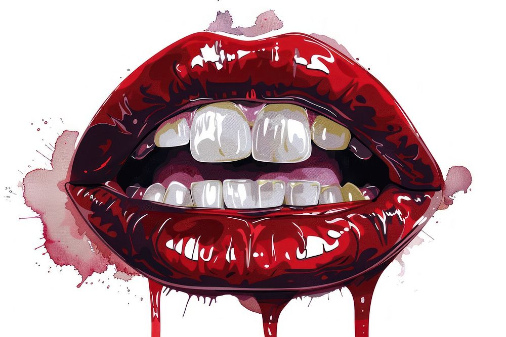 Sexy red vampire lip teeth with fangs splattered lipstick clothing.