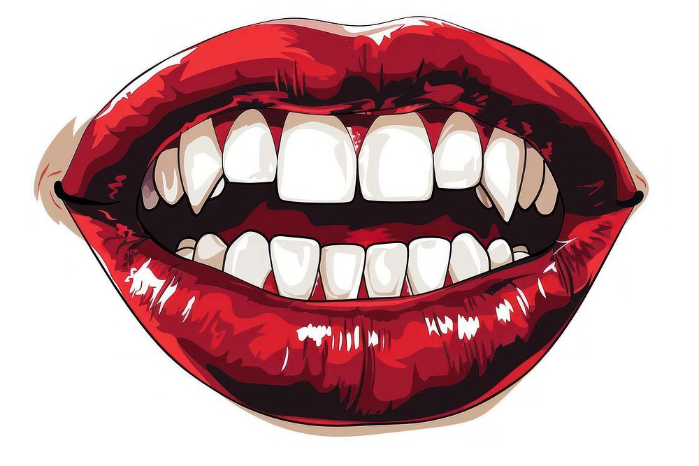 Sexy red vampire lip teeth with fangs lipstick white background moustache.