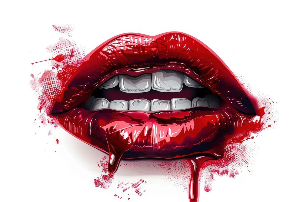 Sexy red vampire lip teeth with fangs lipstick white background splattered.