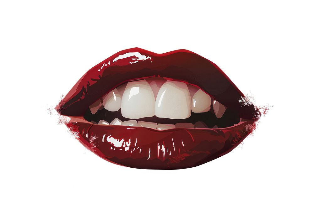 Sexy vampire lip teeth with fangs lipstick white background cosmetics.