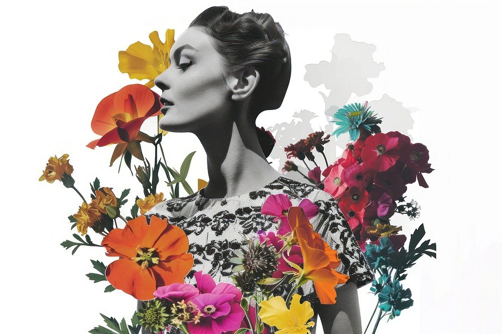 Paper collage of woman flower portrait fashion.