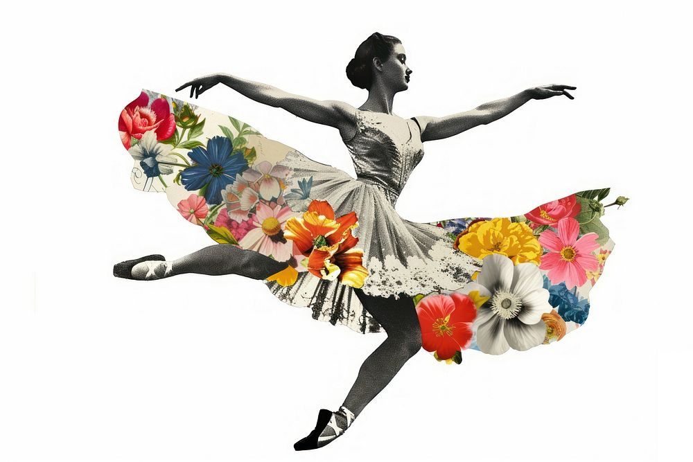 Ballerina with colorful vintage flowers dancing ballet adult.