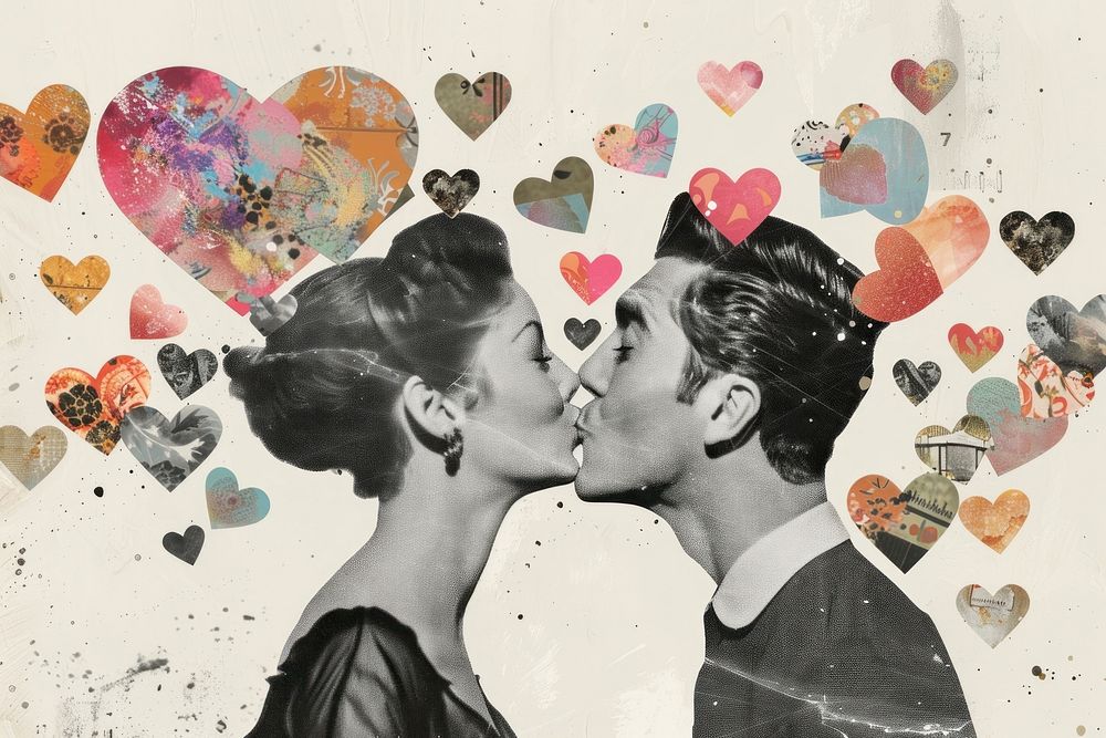 Paper collage of woman romance kissing adult.