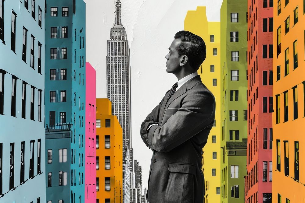 Paper collage of businessman architecture skyscraper building.