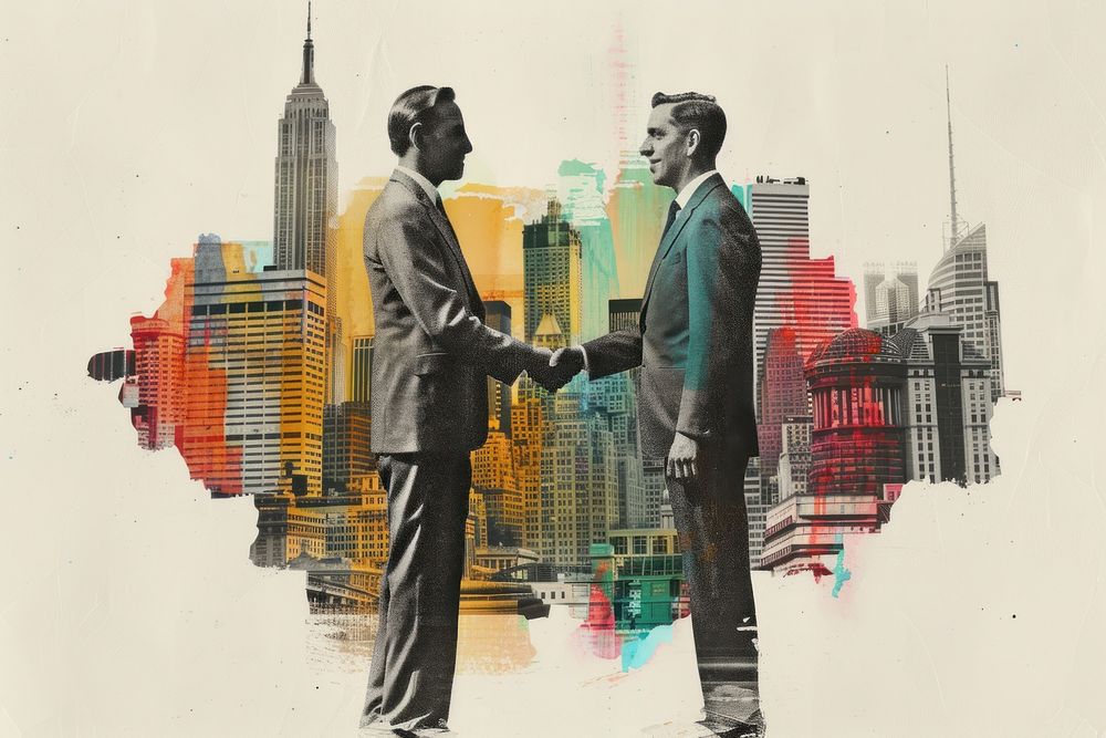 Paper collage of two businessmen architecture skyscraper poster.