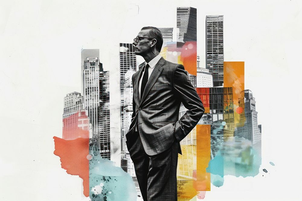 Paper collage of businessman skyscraper poster adult.