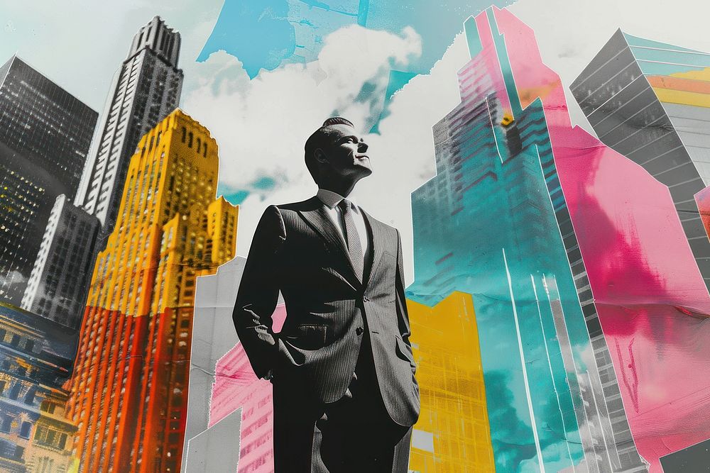 Paper collage of businessman architecture skyscraper building.