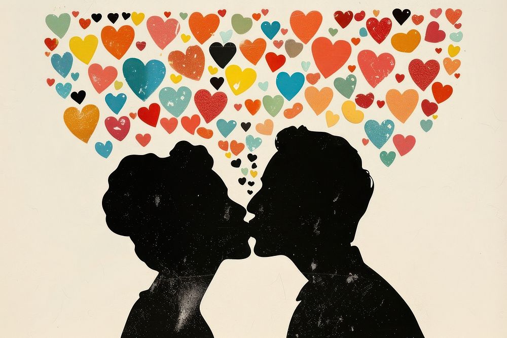 Paper collage of woman silhouette romance kissing.