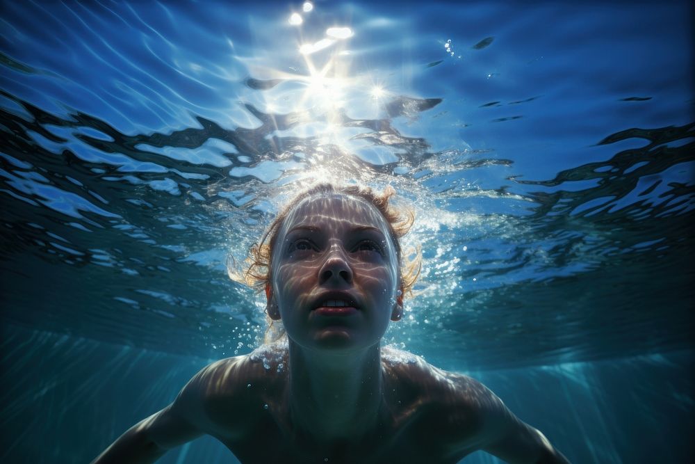 Photo of a person swimming sports photography underwater.