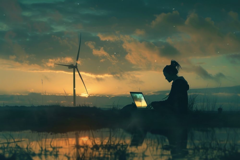 Woman working windmill outdoors nature.