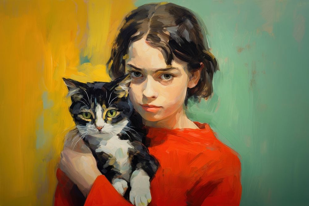 12 years old girl holding kitten painting portrait animal.