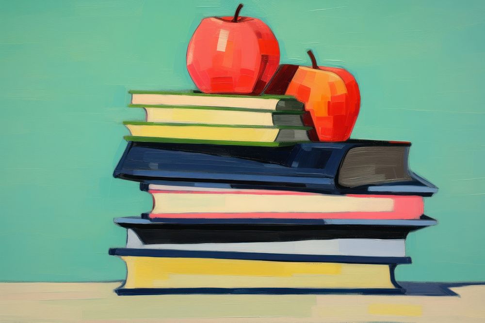 Stack of books with an apple on top publication painting art.