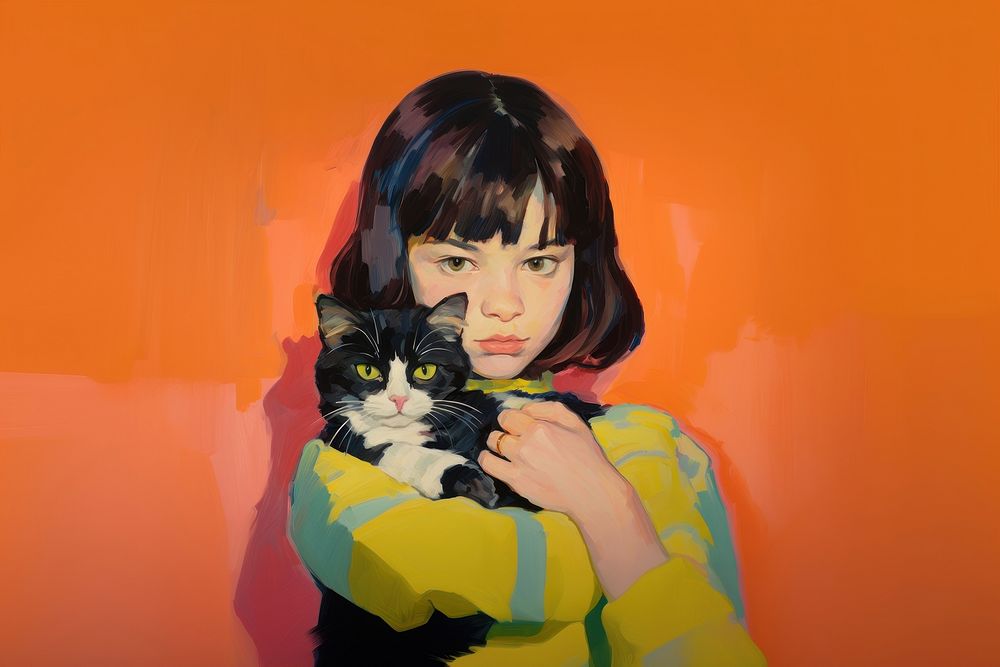 12 years old girl holding kitten portrait painting animal.