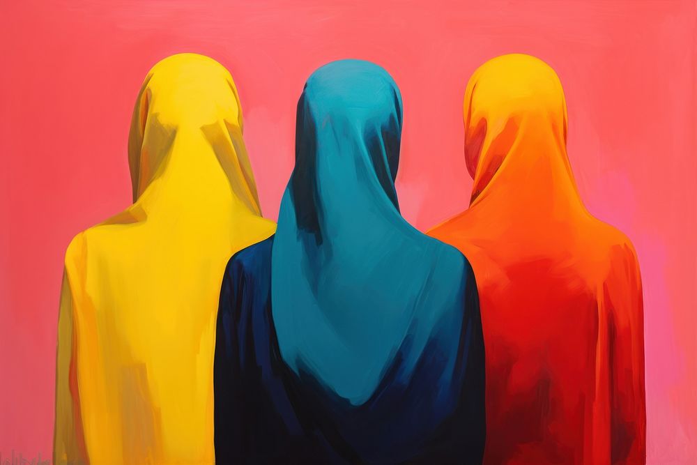3 Muslim women looking in the same way painting adult art.