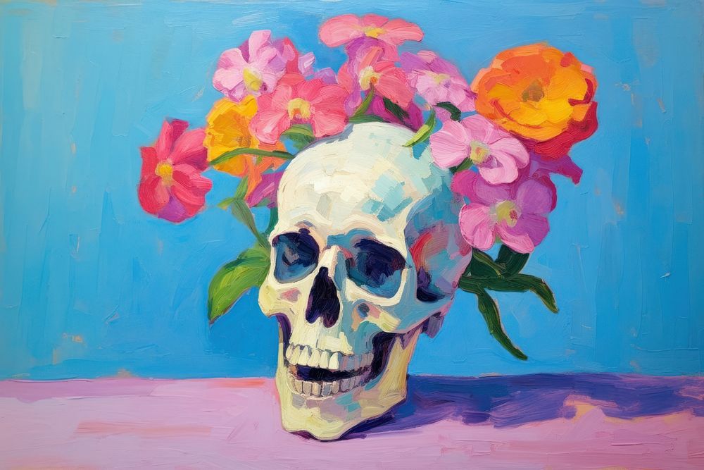 Skull with flowers painting plant petal.
