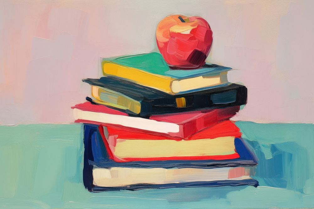 Stack of books with an apple on top painting publication art.